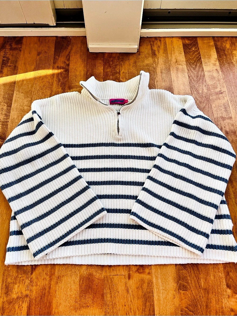 Edikted Aerin Oversized Quarter Zip Sweater blue/white striped-xs